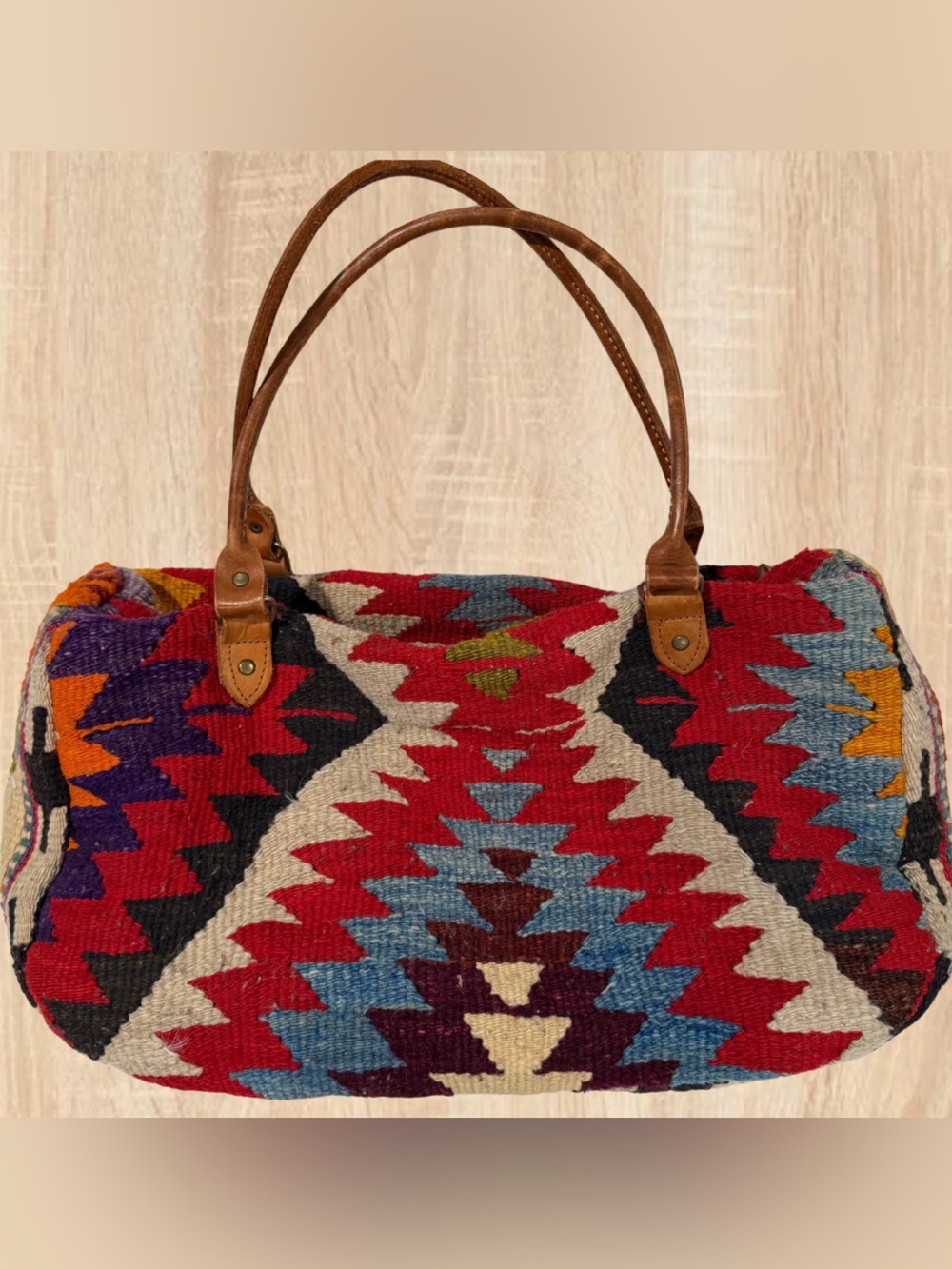 Vintage 70s 80s India Woven Kilim Rug Duffel Weekender Bag Leather Handles